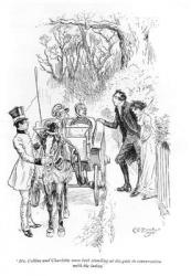 'Mr. Collins and Charlotte were both standing at the gate in conversation with the ladies', illustration from 'Pride and Prejudice' by Jane Austen, 1895 (engraving) (b/w photo) | Obraz na stenu