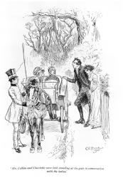 'Mr. Collins and Charlotte were both standing at the gate in conversation with the ladies', illustration from 'Pride and Prejudice' by Jane Austen, 1895 (engraving) (b/w photo) | Obraz na stenu