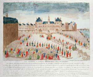 Perspective view of the arrival of Louis XVI (1754-93) at the Hotel de Ville, 17th July 1789 (coloured engraving) | Obraz na stenu