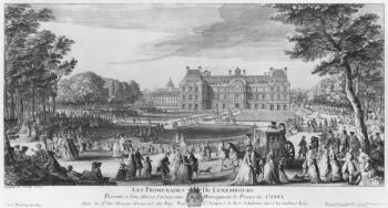 Walking in the Luxembourg gardens, 1729 (engraving) (b/w photo) | Obraz na stenu