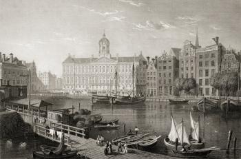 The Damrak Palace, Amsterdam, from 'Select Views of some of the Principal Cities of Europe', engraved by R. Brandard, published in London, 1832 (engraving) | Obraz na stenu