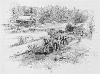 Jericho Mills: Union engineer corps at work, engraved by Harry Fenn (1838/45-1911) from a photograph, illustration from 'Battles and Leaders of the Civil War', edited by Robert Underwood Johnson and Clarence Clough Buel (engraving) | Obraz na stenu