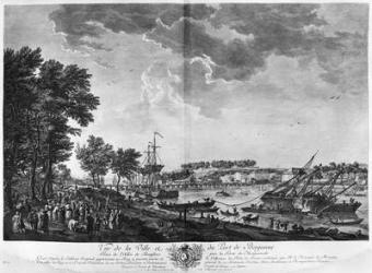 View of the Town and Port of Bayonne seen from the avenue of Bouflers near the gate of Mousserole, series of 'Les Ports de France', engraved by Charles Nicolas Cochin the Younger (1715-90) and Jacques Philippe Le Bas (1707-83) 1764 (etching & burin) | Obraz na stenu