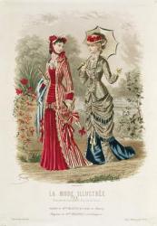 Fashion plate showing hats and dresses, illustration from 'La Mode Ilustree', 1879 (colour litho) | Obraz na stenu