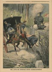 Act of bravery of a level-crossing keeper, illustration from 'Le Petit Journal', supplement illustre, 7th April 1907 (colour litho) | Obraz na stenu