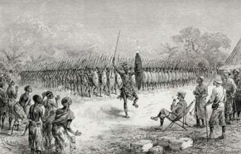 Sir Henry Morton Stanley watching a phalanx dance by Mazamboni's warriors at Usiri, 1890 (wood engraving) | Obraz na stenu