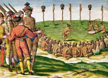 Indian Victory Ceremony, from 'Brevis Narratio..', engraved by Theodore de Bry (1538-98) published in Frankfurt, 1591 (coloured engraving) | Obraz na stenu