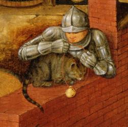 Knight putting a bell on a cat, detail from 'The Flemish Proverbs' (oil on canvas) (detail of 67235) | Obraz na stenu