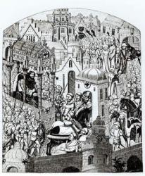 Facsimile of the Coronation of Charlemagne in the City of Jerusalem from the 'Chroniques de Charlemagne' (litho) (b/w photo) | Obraz na stenu