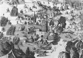 General view of the battle of Muhlberg, detail, 24th April 1547 (engraving) (b/w photo) (see also 217805, 217806) | Obraz na stenu