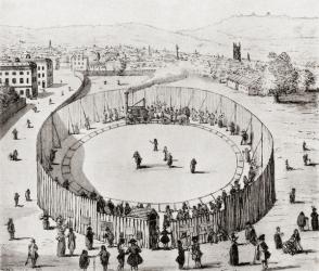 An exhibition of steam traction by Richard Trevithick's "Catch me who can" steam railway locomotive on the site of Euston Square, Bloomsbury, London, England in 1809. From The Streets of London Through the Centuries. | Obraz na stenu