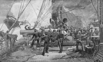 The eleven-inch forward pivot-gun on the 'Kearsarge' in action, engraved by John William Evans (b.1855), illustration from 'Battles and Leaders of the Civil War', edited by Robert Underwood Johnson and Clarence Clough Buel (engraving) | Obraz na stenu