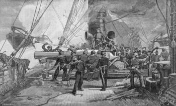 The eleven-inch forward pivot-gun on the 'Kearsarge' in action, engraved by John William Evans (b.1855), illustration from 'Battles and Leaders of the Civil War', edited by Robert Underwood Johnson and Clarence Clough Buel (engraving) | Obraz na stenu