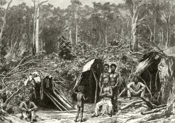 Native Aboriginie Encampment, c.1880, from 'Australian Pictures' by Howard Willoughby, published by the Religious Tract Society, London, 1886 (litho) | Obraz na stenu
