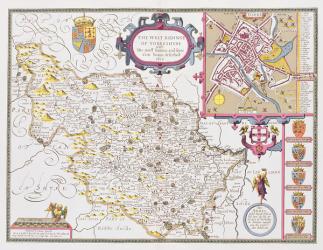 The West Ridinge of Yorkeshyre, engraved by Jodocus Hondius (1563-1612) from John Speed's 'Theatre of the Empire of Great Britain', 1611-12 (hand-coloured copper engraving) | Obraz na stenu