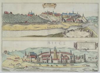 Views of Sendomiria and Biecz, from 'Civitates Orbis Terrarum' by Georg Braun (1541-1622) and Frans Hogenberg (1535-90) (coloured engraving) | Obraz na stenu