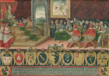 Discussion of the Reform of the Calendar under Pope Gregory XIII (1502-85) replaced by the Gregorian Calendar, Rome, 15 October 1582 (oil on panel) (see also 102626) | Obraz na stenu