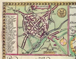 Detail of Warwick, from The County of Warwick, the Shire Town and City of Coventry, from John Speed's 'Theatre of the Empire of Great Britain', engraved by Jodocus Hondius (1567-1611), pub. by John Sudbury and George Humble, 1611-12 (hand-coloured copper  | Obraz na stenu