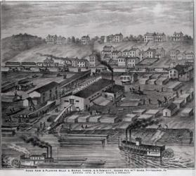Soho Saw and Planing Mills and Barge Yards, G.O. Fawcett, Second Avenue, 14th Ward, Pittsburgh, PA, from 'Illustrated Atlas of the Upper Ohio River', 1877 (litho) (b&w photo) | Obraz na stenu