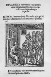Bartolommeo de' Sacchi (Platina) (1421-81) writing 'Historia de Vitis Pontificum Romanorum', 1505 (engraving) (b&w photo) | Obraz na stenu