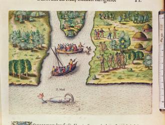 The French Discover the River of May, from 'Brevis Narratio..', engraved by Theodore de Bry (1528-98) published in Frankfurt, 1591 (coloured engraving) | Obraz na stenu