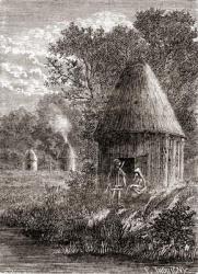 Early Gallic houses, a round cabin with a hole in the roof to allow the smoke from the fire to escape, from 'Les Merveilles de la Science', published c.1870 (engraving) | Obraz na stenu