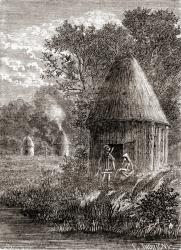 Early Gallic houses, a round cabin with a hole in the roof to allow the smoke from the fire to escape, from 'Les Merveilles de la Science', published c.1870 (engraving) | Obraz na stenu