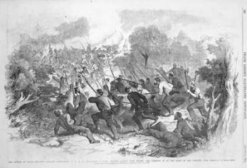 The Battle at Bull Run: The Gallant Sixty-Ninth N.Y.S.M. Assaulting a Rebel Battery Masked with Bushes and Carrying it at the Point of the Bayonet, from 'Frank Leslie's Illustrated Newspaper', August 3rd 1861 (engraving) (b&w photo) | Obraz na stenu
