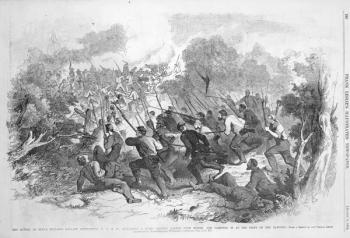 The Battle at Bull Run: The Gallant Sixty-Ninth N.Y.S.M. Assaulting a Rebel Battery Masked with Bushes and Carrying it at the Point of the Bayonet, from 'Frank Leslie's Illustrated Newspaper', August 3rd 1861 (engraving) (b&w photo) | Obraz na stenu