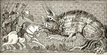 How Alexander did battle with the beast, after a miniature in a 13th century manuscript, from 'Science and Literature in the Middle Ages', by Paul Lacroix, 1878 (litho) | Obraz na stenu