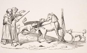 Fight between horse and dogs, reproduction of miniature in a 13th century manuscript, from 'Le Moyen Age et La Renaissance' by Paul Lacroix (1806-84) published 1847 (litho) | Obraz na stenu