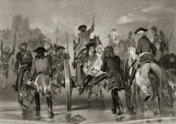 Mortally wounded General Edward Braddock retreats from the Monongahela River in 1755 after an attack from French and Indian Forces, from 'Life and Times of Washington', Volume I, published 1857 (litho) (see 223523) | Obraz na stenu