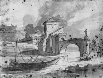 View of the Tiber near the bridge and the castle Sant'Angelo in Rome, c.1775-80 (grey wash & pierre noire on paper) | Obraz na stenu