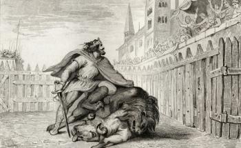 Pepin III (714-68) the Short with the Lion and the Bull, from 'Histoire de France' by Colart, published c.1840 (engraving) | Obraz na stenu
