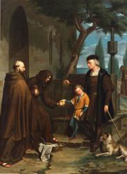 Columbus at the doors of the convent of Santa Maria de la Rabida asking for bread and water for his son, 1858 (oil on canvas) | Obraz na stenu