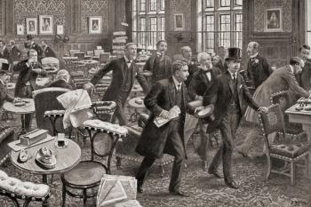 Members of Parliament, in London, England, leaving the smoking room when the division bell is rung. The bell signals a division and calls all members of the chamber so affected to vote in it. From Living London, published c.1901 | Obraz na stenu