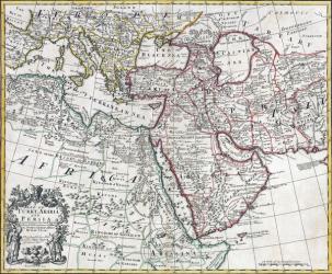 Map of Turkey, Arabia and Persia, after Guillaume de L'Isle, revised by John Senex, from the 'New General Atlas of 1721' by D. Browne, T. Taylor, J. Darby, J, Senex, W. Taylor and four others in London (colour litho) | Obraz na stenu