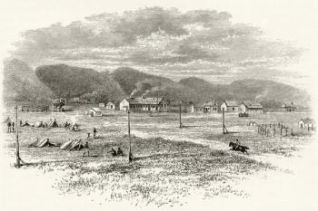 Peake Overland Telegraph Station, South Australia, c.1880, from 'Australian Pictures' by Howard Willoughby, published by the Religious Tract Society, London, 1886 (litho) | Obraz na stenu