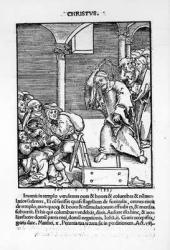 Christ Driving the Tradesmen and Money Lenders from the Temple from 'Passional Christi und Antichristi' by Philipp Melanchthon, published in 1521 (woodcut) (b/w photo) | Obraz na stenu