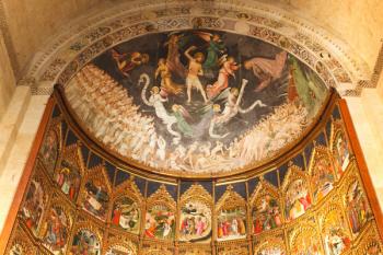 Salamanca, Salamanca Province, Spain. 15th century altarpiece by Nicolas Florentino depicting The Last Judgement,top, and the life of Christ behind the high altar in the Old Cathedral. Catedral Vieja. | Obraz na stenu