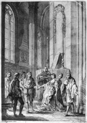 Claudio accusing Hero of faithlessness, Act IV Scene i from 'Much Ado About Nothing' by William Shakespeare (1565-1616) engraved by Hubert Gravelot (1699-1773) (engraving) (b/w photo) | Obraz na stenu