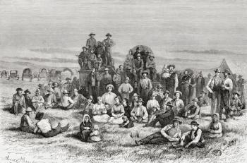 A caravan of neophyte Mormons camping in the Utah Desert, America in the 19th nineteenth century. | Obraz na stenu