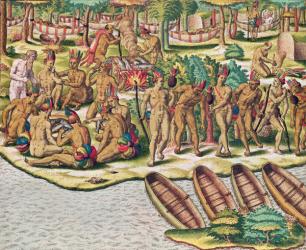 Americae Tertia Pars, Deliberating before an Expedition against the Enemies (page 432), 1563 (colour engraving) | Obraz na stenu