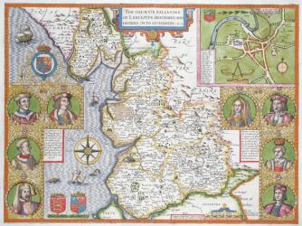 Lancashire in 1610, from John Speed's 'Theatre of the Empire of Great Britaine', first edition, pub. 1611-12 (hand coloured copper engraving) | Obraz na stenu