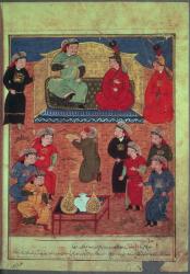 Ms. Supp. Pers. 1113 fol.203v Arghan Khan with two of his wives and his son Ghazan, from a book by Rashid ad-Din (1247-1318) (vellum) | Obraz na stenu