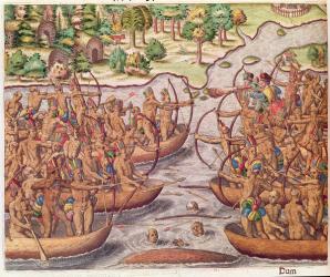Battle Between Indian Tribes, from 'Brevis Narratio..', engraved by Theodore de Bry (1528-98) 1564 (coloured engraving) | Obraz na stenu
