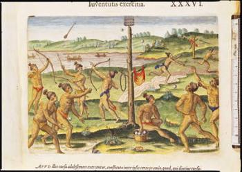 Indians Training for War, from 'Brevis Narratio...', engraved by Theodore de Bry (1528-98) 1591 (coloured engraving) | Obraz na stenu