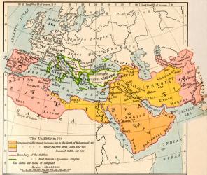 Map of the Muslim expansion and the Byzantine Empire at the end of the Umayyad Caliphate, in 750. From Historical Atlas, published 1923. | Obraz na stenu