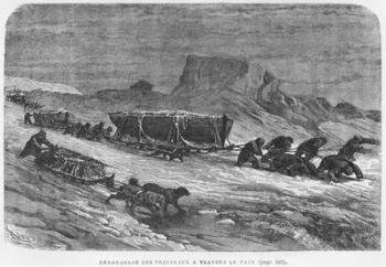 Pulling the sledges through the pack ice, illustration from 'Expedition du Tegetthoff' by Julius Prayer (1841-1915) engraved by Henri Theophile Hildibrand (1824-97) (engraving) (b/w photo) | Obraz na stenu
