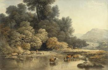 Hilly landscape with River and Cattle, c.1810 (w/c over graphite on wove paper) | Obraz na stenu